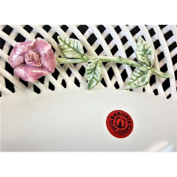 Set/2 Baronia Oval Square Flower Bowls Poland Polish Open Lattice Ceramic Rose - Picture 8 of 10